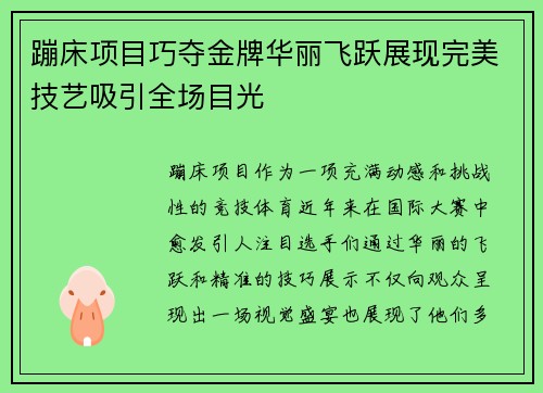 蹦床项目巧夺金牌华丽飞跃展现完美技艺吸引全场目光