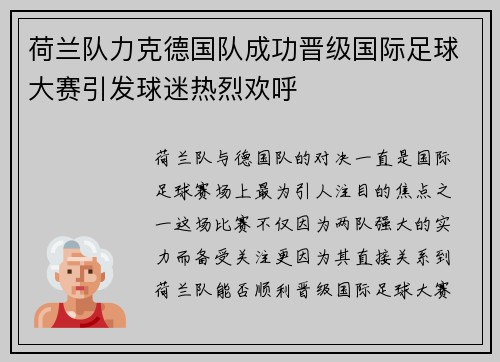 荷兰队力克德国队成功晋级国际足球大赛引发球迷热烈欢呼